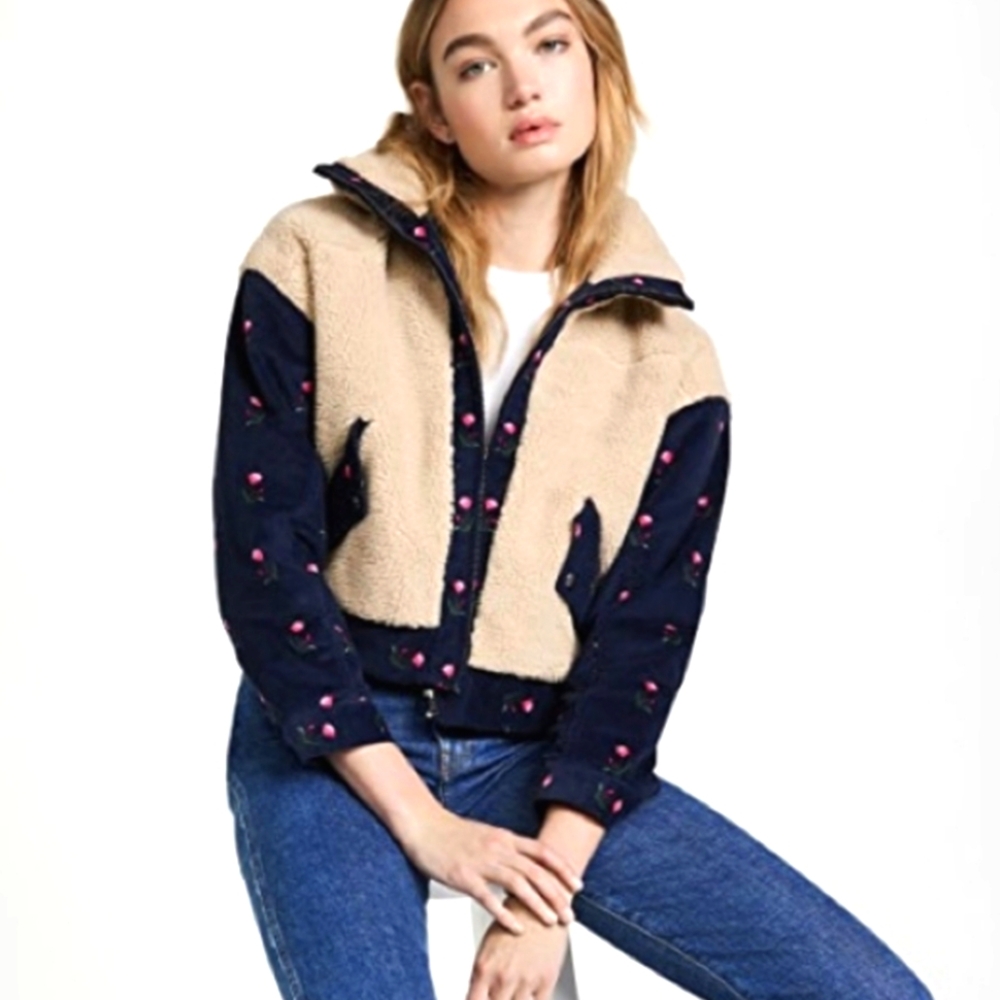 Corduroy Sherpa Teddy Trucker Cropped Jacket - Something Navy